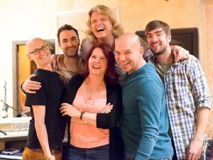 Debra Penberthy with collaborators for her album-- (left to right) Chris Hackman, bass; Ross Garren, keys and harmonica; Adam Gust, drums; Tim Kobza, producer and various instrumentals; and John Schroeder, guitar at The Lair in West Los Angeles.