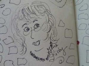 A sketch by Kathabela Wilson of Mina Kirby while reading at Village Poets, Bolton Hall Museum, Sunland-Tujunga.