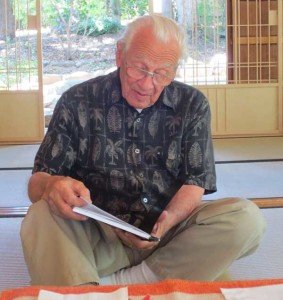James Haddad reading his poetry at the Jthe Japanese Storrier Stearns Garden in Pasadena.