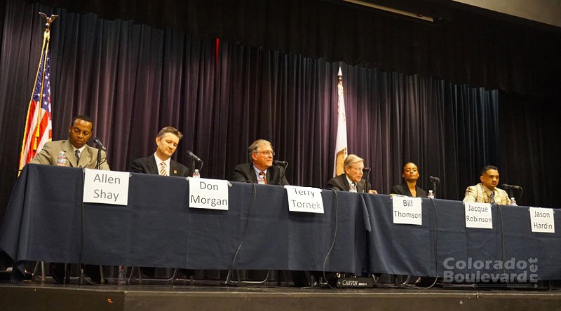 Mayoral Candidates at a forum sponsored by Oak Knoll Neighborhood Association and Madison Heights Neighborhood Association at Polytechnic School, Feb. 5, 2014 (Photo – Mike Pashistoran, CafePasadena.wordpress.com).