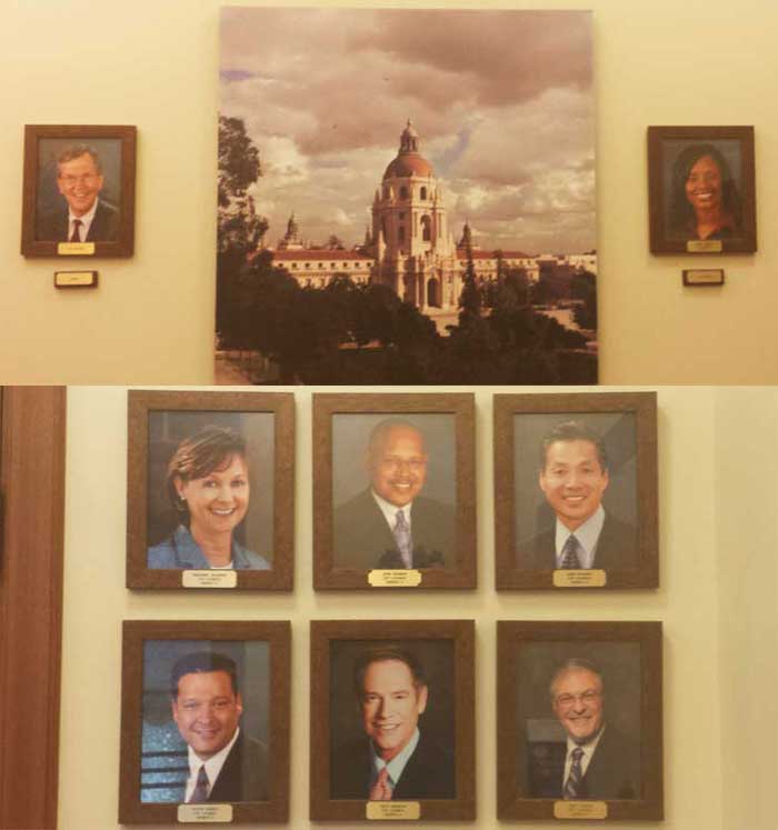 Photos of Pasadena City Council members are displayed on the walls of City Hall (Photo- Staff)..