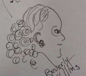 Sketch of Beverly Collins reading at Bolton Hall Village Poets by Kathabela Wilson.