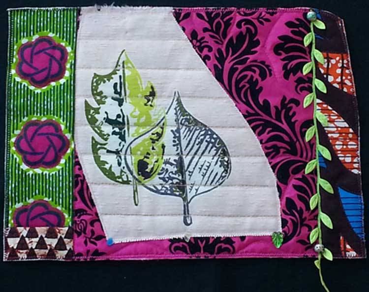 Cosmic Songs: The Stars Sing, Quilted Painting, 9x13." shows leaves in both the state of green/spring and winter lace. beauty in light and dark and in the changing of the seasons. (By Cindy Rinne).