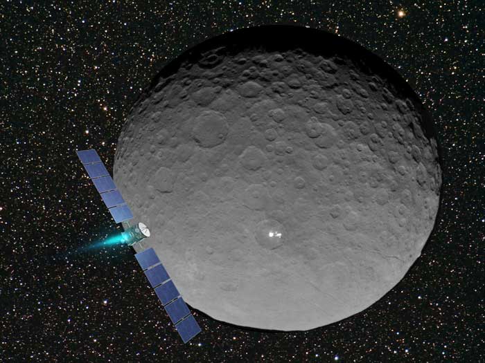 The Dawn spacecraft orbiting dwarf planet Ceres. Dawn has discovered mysterious regions that reflect more sunlight than most of the surface (Photo - dawn.jpl.nasa.gov).