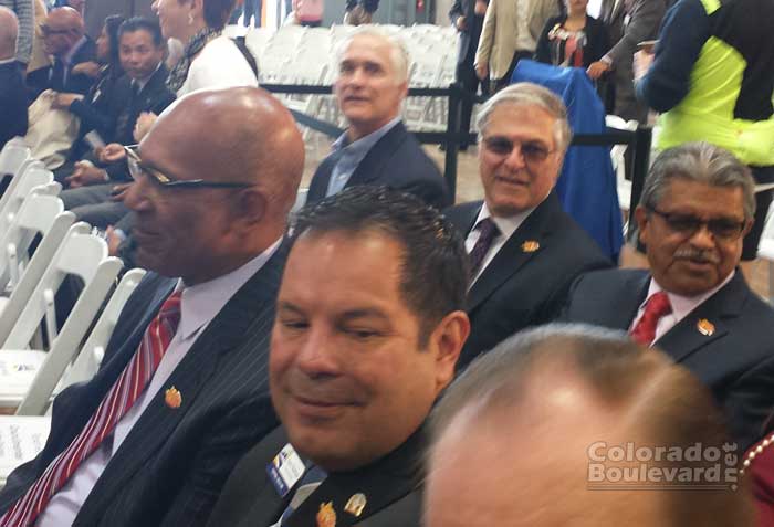 (Front row) Claremont Mayor Pro Tem Sam Pedroza and Assemblymember Chris Holden, (back row) Mayor of Pasadena Terry Tornek.