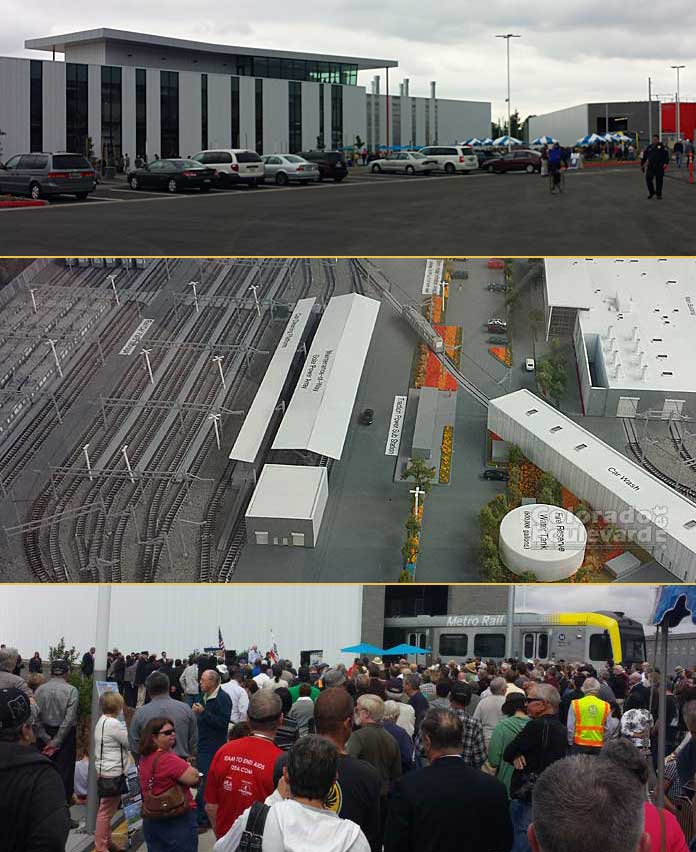 (Top) Main building. (Middle) Miniature scale of the campus. (Bottom) Crowd at the event.