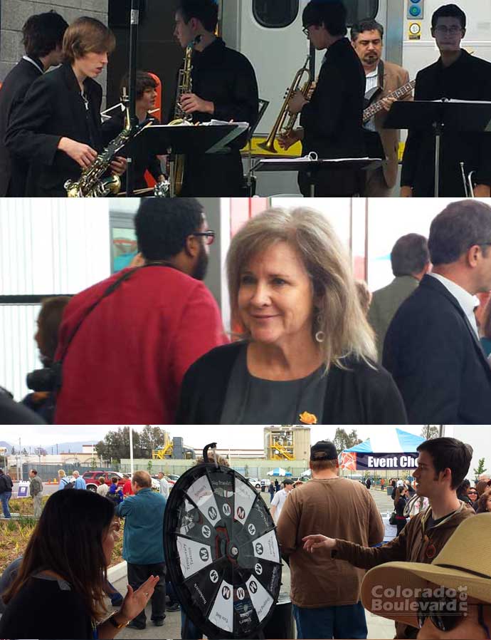 (Top) Members of the Monrovia High School Jazz Club. (Middle) Artist Christie Beniston. (Bottom) Games and informational booths lined up the parking lot.