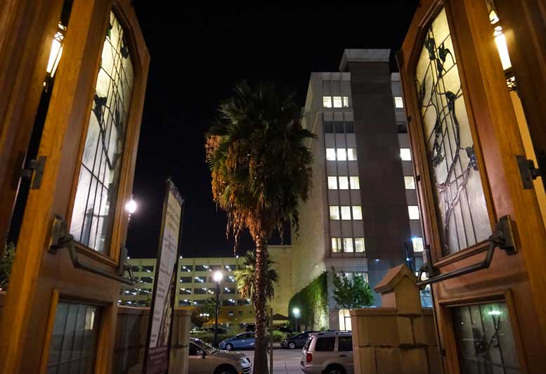 Playhoue District viewed from the front doors of the Pasadena Presbyterian Church (Photo - Mike Pashistoran).