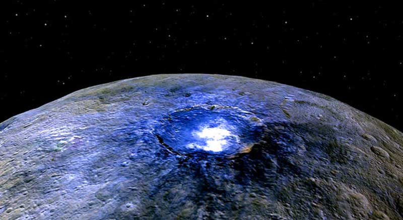 A representation of Ceres' Occator Crater in false colors shows differences in the surface composition (Photo - NASA/JPL-Caltech/UCLA/MPS/DLR/IDA)