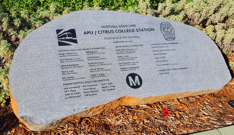 Commemorative slab at the last Gold Line Foothill extension (Photo - Staff).