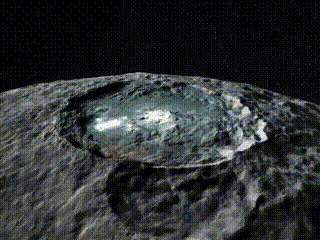 Excerpt from an extensive animation of Occator crater, with its famous bright regions, on Ceres. It is made with the color and stereo pictures Dawn collected in its third mapping orbit 915 miles (Photo - NASA/JPL-Caltech/UCLA/MPS/DLR/IDA).