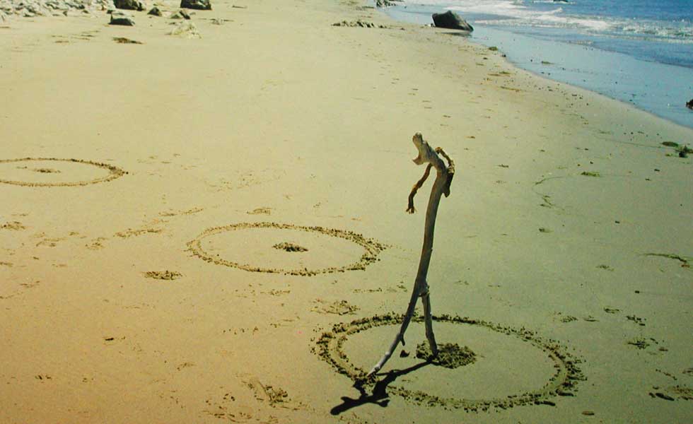 Stick figure installation, driftwood and found objects on site (Santa Barbara, Arroyo Burro Beach) by Kathabela Wilson.