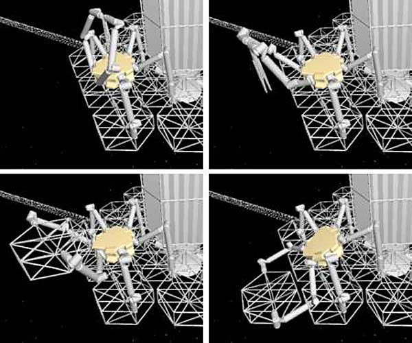 Illustration shows how a robot could assemble the trusses that would support a massive telescope mirror (Photo -.Sergio Pellegrino, Caltech).